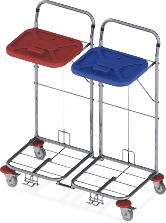 Dvojitý vozík na sběr prádla, ruční ovládání  - Červené víko